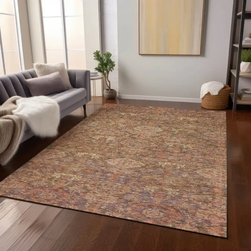 Brown And Tan Damask Washable Indoor Outdoor Area Rug Photo 9