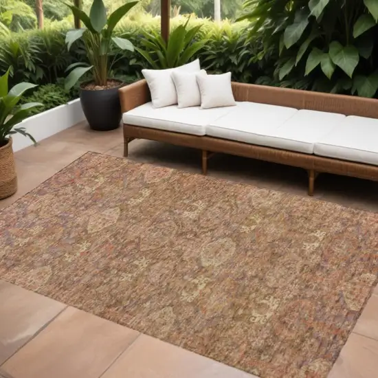 Brown And Tan Damask Washable Indoor Outdoor Area Rug Photo 1