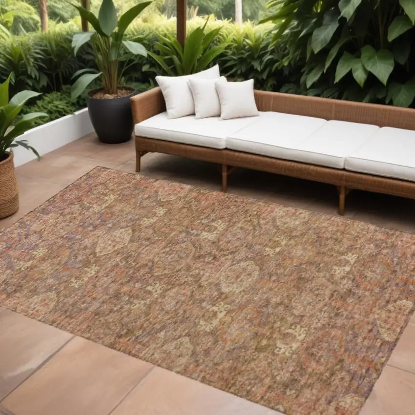 Brown And Tan Damask Washable Indoor Outdoor Area Rug Photo 1