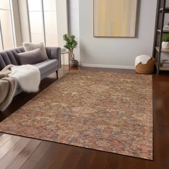 Brown And Tan Damask Washable Indoor Outdoor Area Rug Photo 9