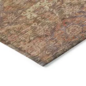 Photo of Brown And Tan Damask Washable Indoor Outdoor Area Rug
