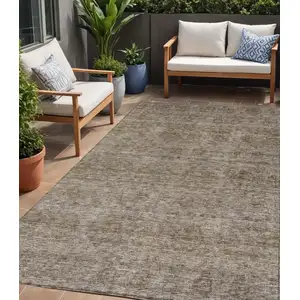 Photo of Brown And Tan Floral Washable Indoor Outdoor Area Rug