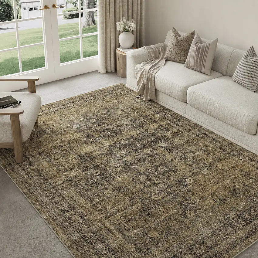 Brown And Tan Medallion Washable Area Rug Photo 5