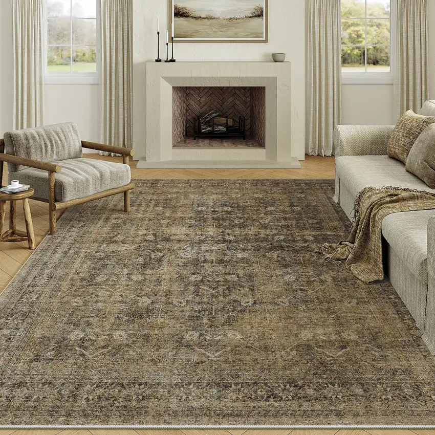 Brown And Tan Medallion Washable Area Rug Photo 6
