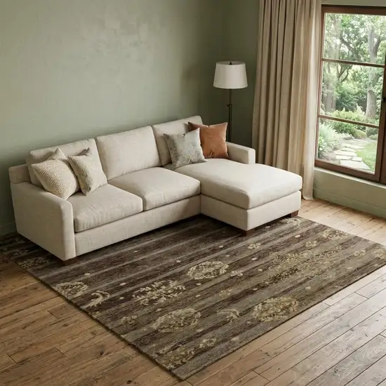 Brown And Tan Striped Hand Knotted Area Rug Photo 1