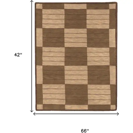 Brown And Tan Wool Checkered Hand Knotted Area Rug Photo 5