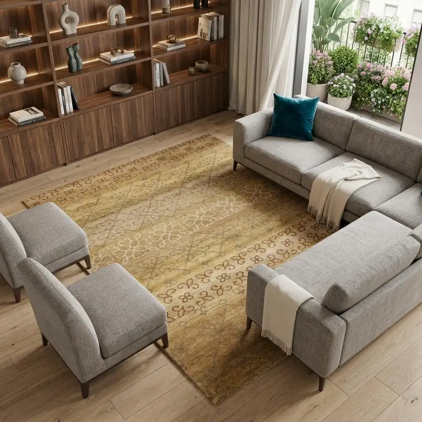 Brown And Tan Wool Geometric Hand Knotted Area Rug Photo 1