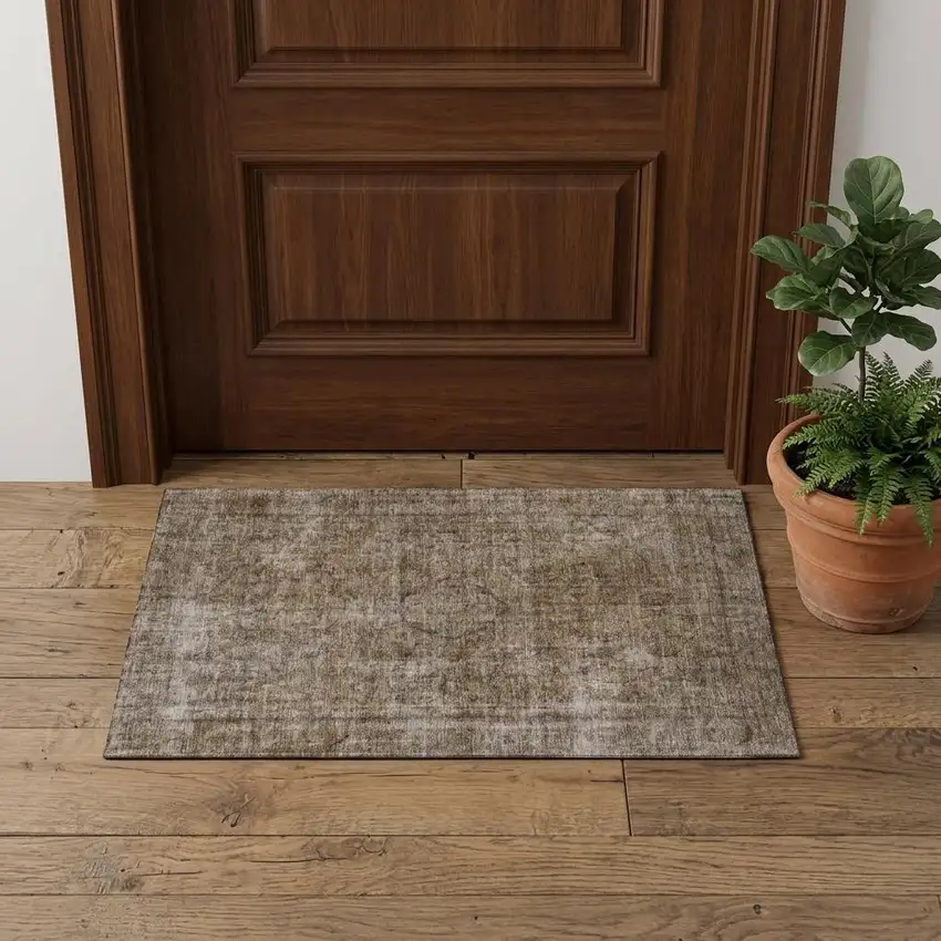 Brown And Taupe Abstract Washable Area Rug With UV Protection Photo 1