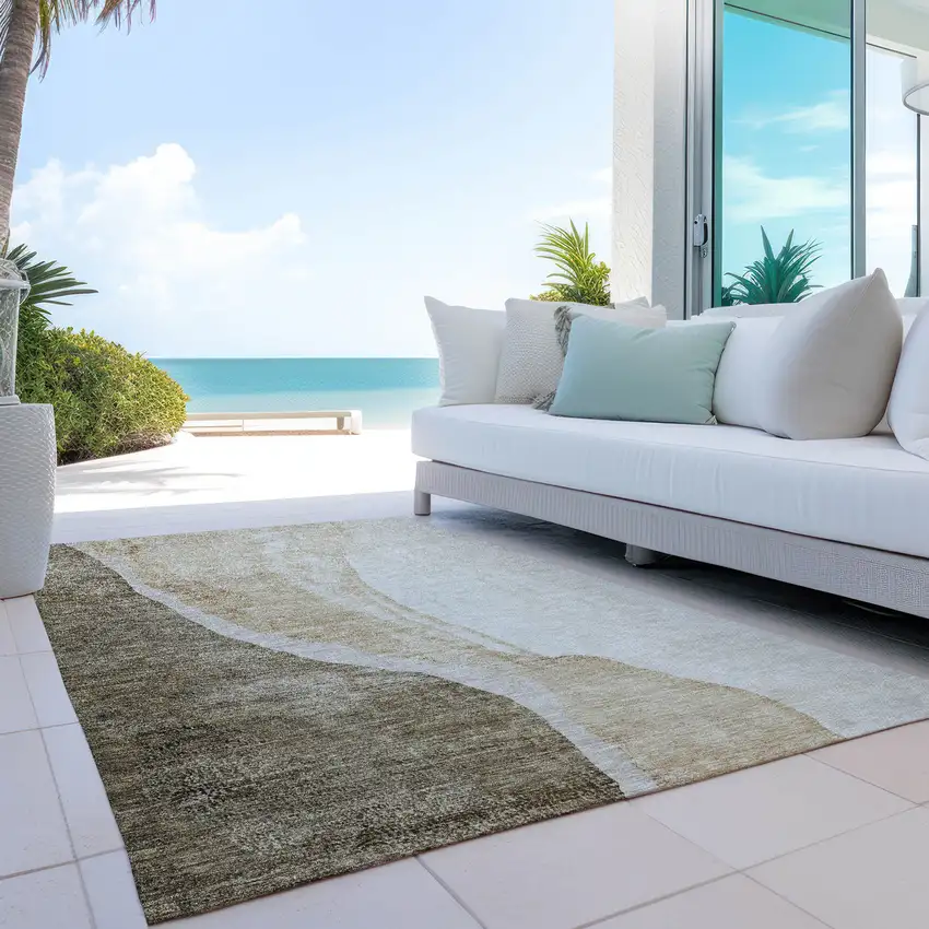 Brown And Taupe Abstract Washable Indoor Outdoor Area Rug Photo 9