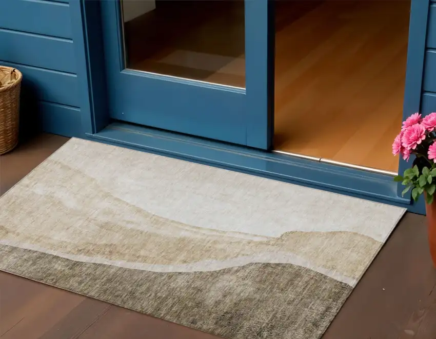 Brown And Taupe Abstract Washable Indoor Outdoor Area Rug Photo 1