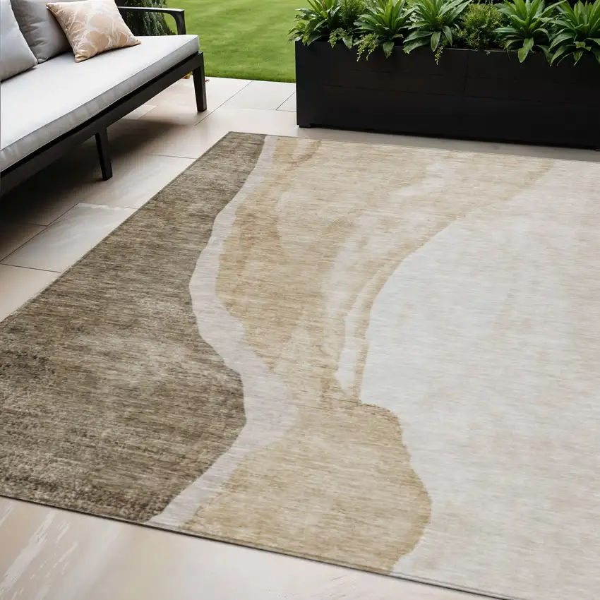 Brown And Taupe Abstract Washable Indoor Outdoor Area Rug Photo 1