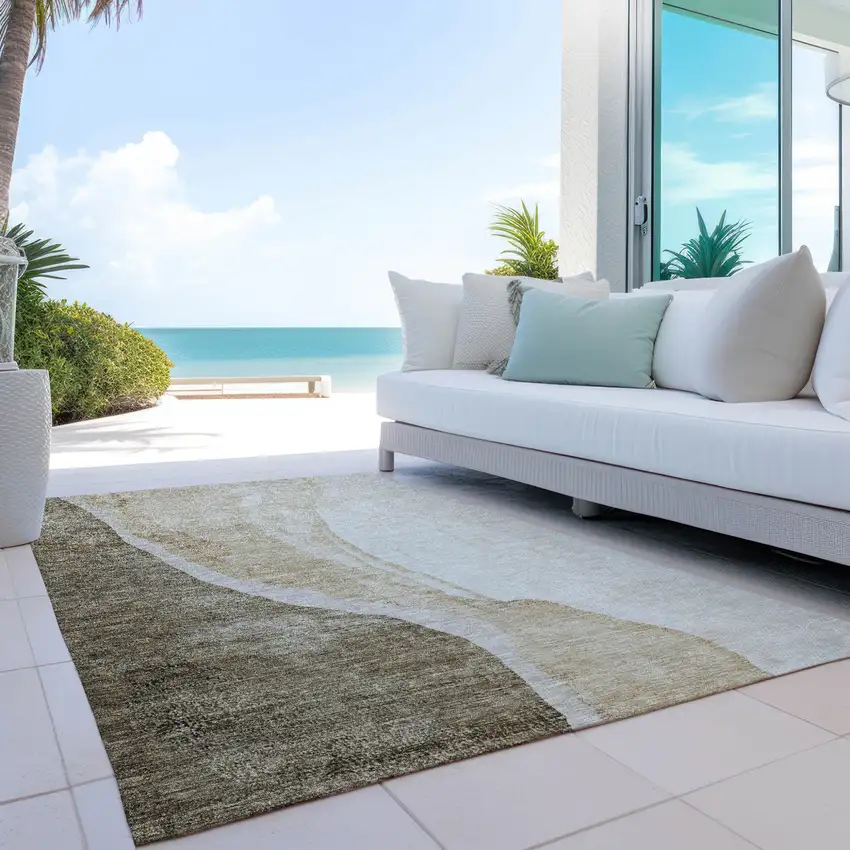 Brown And Taupe Abstract Washable Indoor Outdoor Area Rug Photo 9