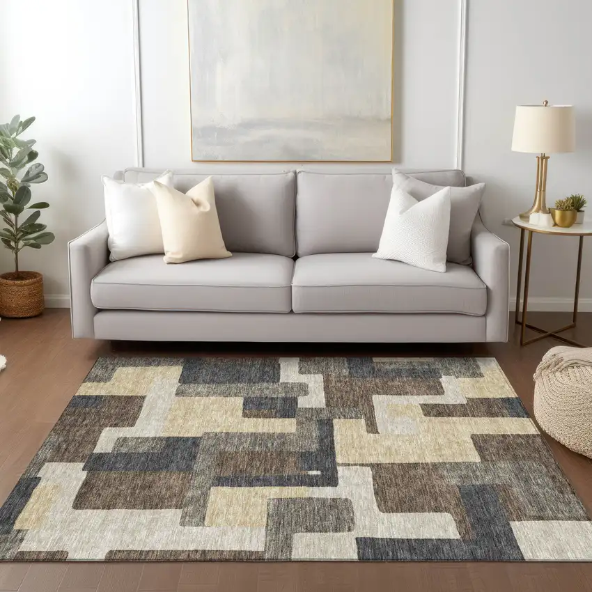 Brown And Taupe Abstract Washable Indoor Outdoor Area Rug Photo 9