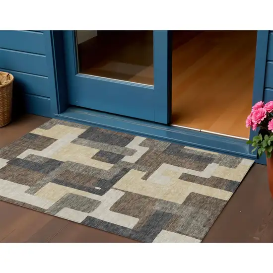 Brown And Taupe Abstract Washable Indoor Outdoor Area Rug Photo 1