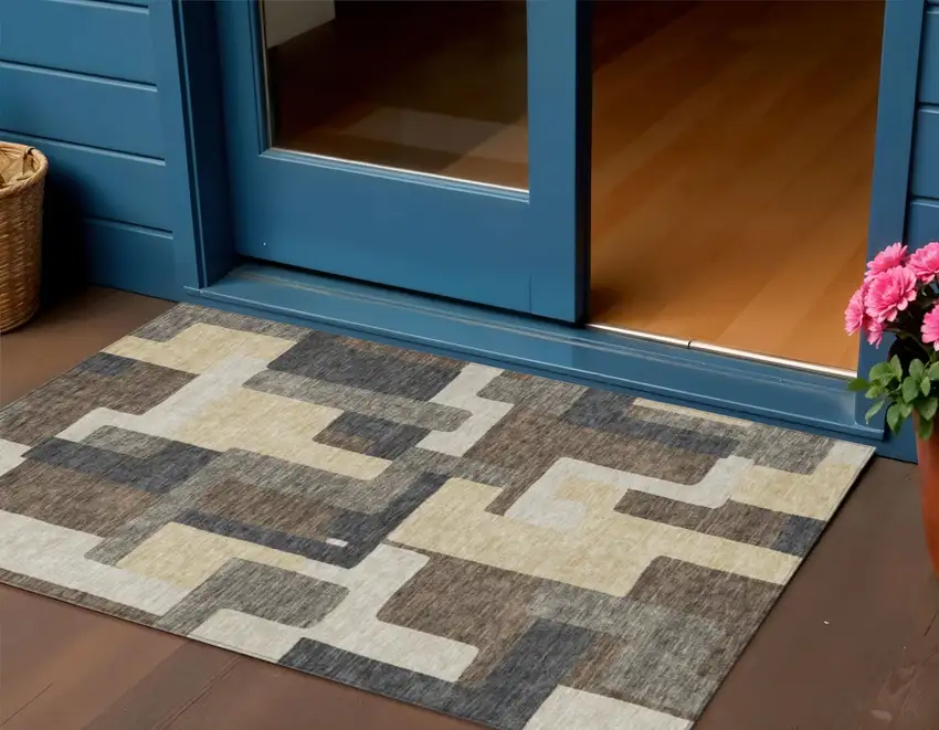 Brown And Taupe Abstract Washable Indoor Outdoor Area Rug Photo 1