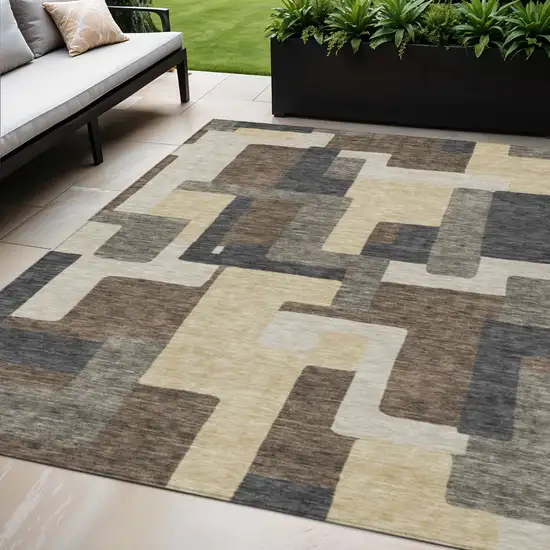 Brown And Taupe Abstract Washable Indoor Outdoor Area Rug Photo 1