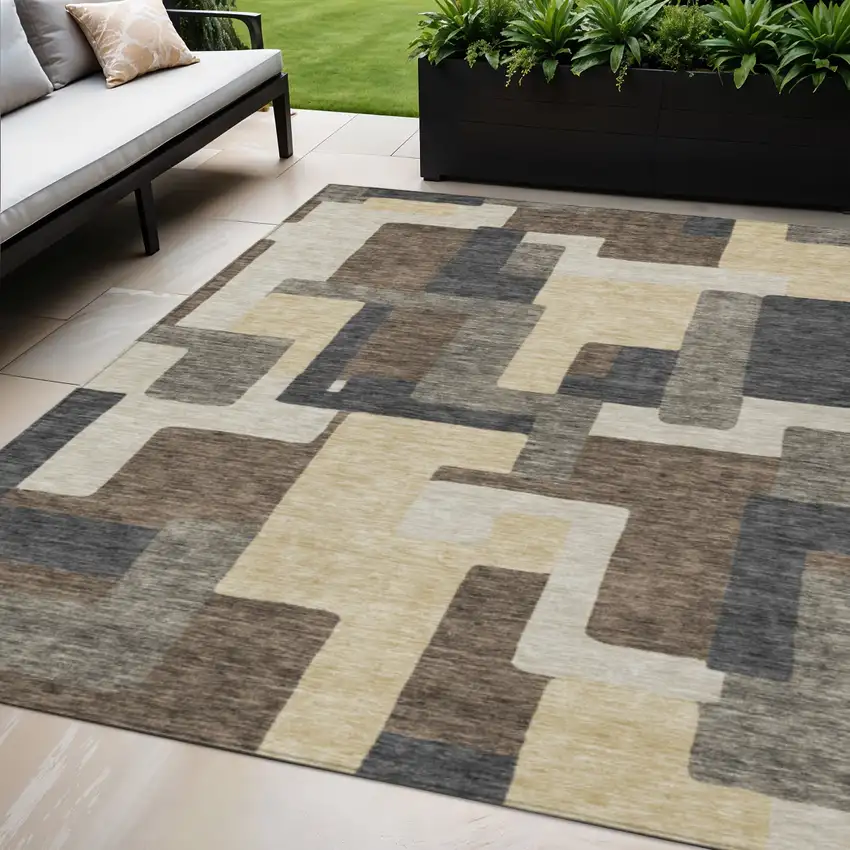 Brown And Taupe Abstract Washable Indoor Outdoor Area Rug Photo 1