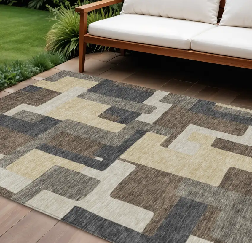 Brown And Taupe Abstract Washable Indoor Outdoor Area Rug Photo 1