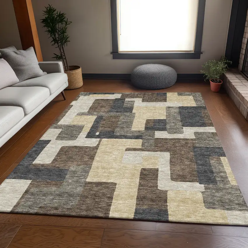 Brown And Taupe Abstract Washable Indoor Outdoor Area Rug Photo 7