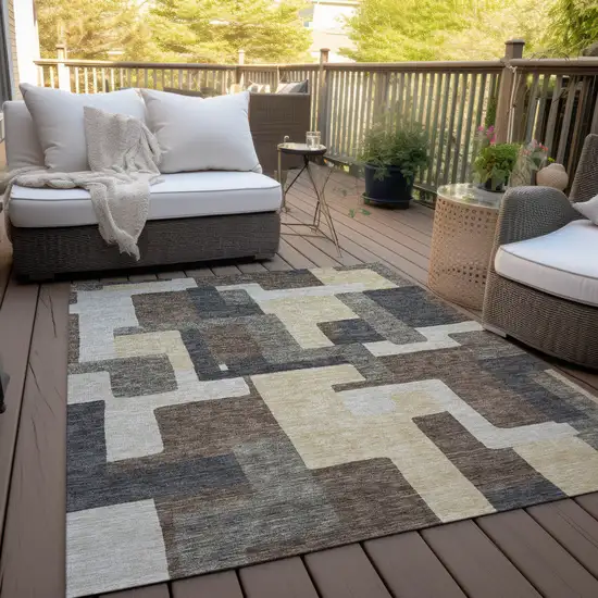 Brown And Taupe Abstract Washable Indoor Outdoor Area Rug Photo 9
