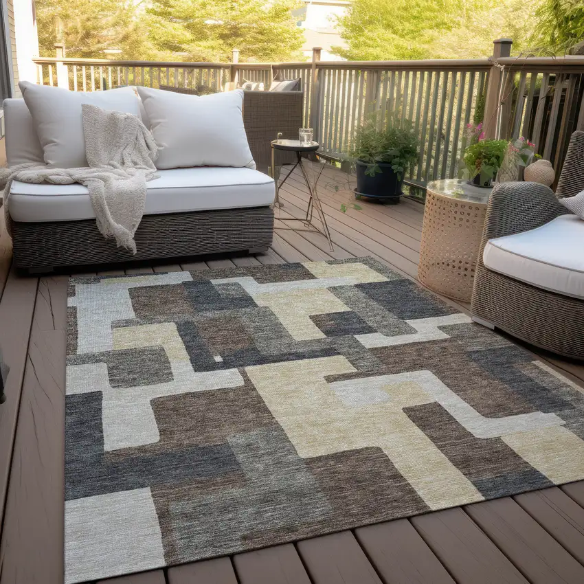Brown And Taupe Abstract Washable Indoor Outdoor Area Rug Photo 9