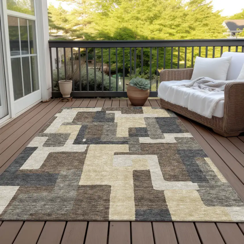 Brown And Taupe Abstract Washable Indoor Outdoor Area Rug Photo 6