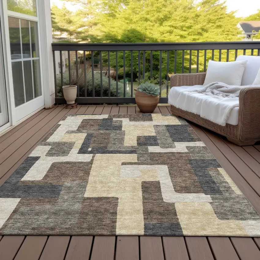 Brown And Taupe Abstract Washable Indoor Outdoor Area Rug Photo 8