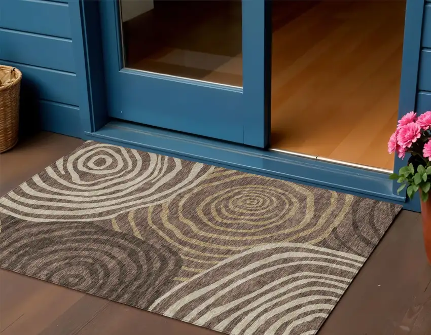 Brown And Taupe Abstract Washable Indoor Outdoor Area Rug Photo 1
