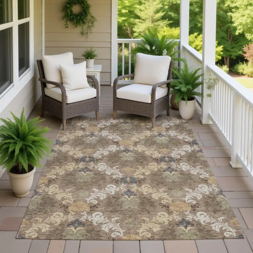 Brown And Taupe Damask Washable Indoor Outdoor Area Rug Photo 7