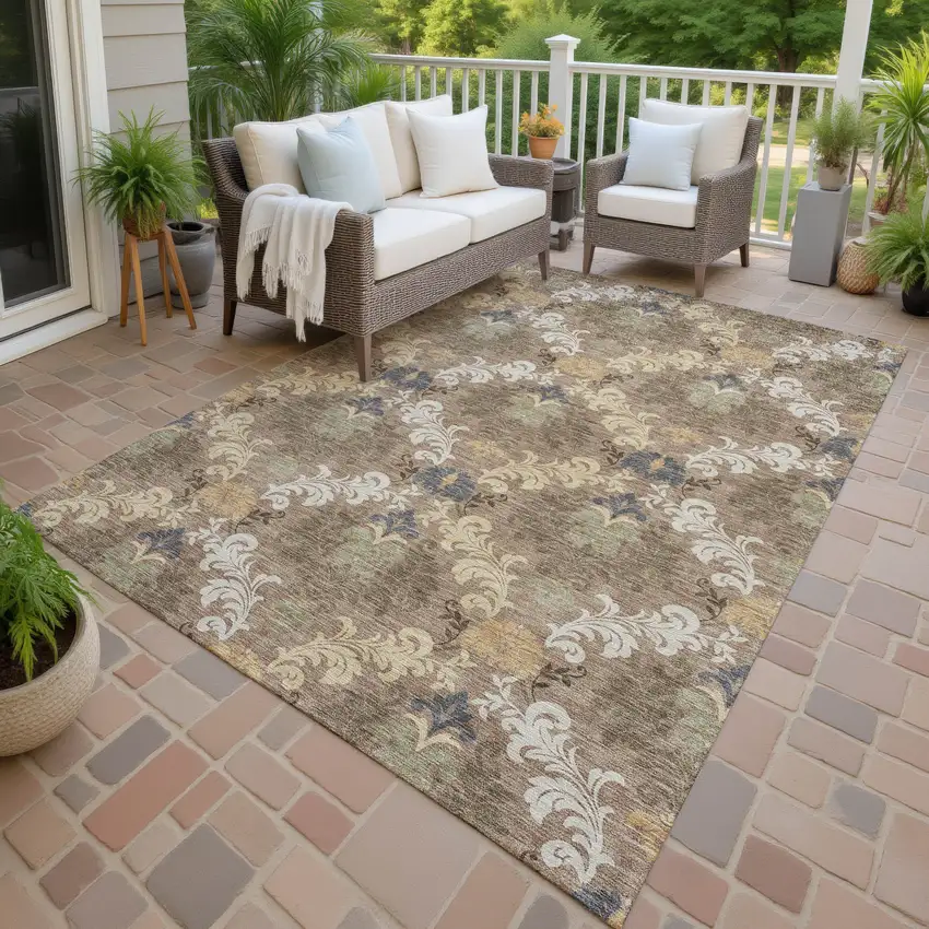 Brown And Taupe Damask Washable Indoor Outdoor Area Rug Photo 4