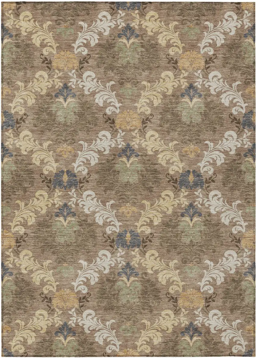 Brown And Taupe Damask Washable Indoor Outdoor Area Rug Photo 1