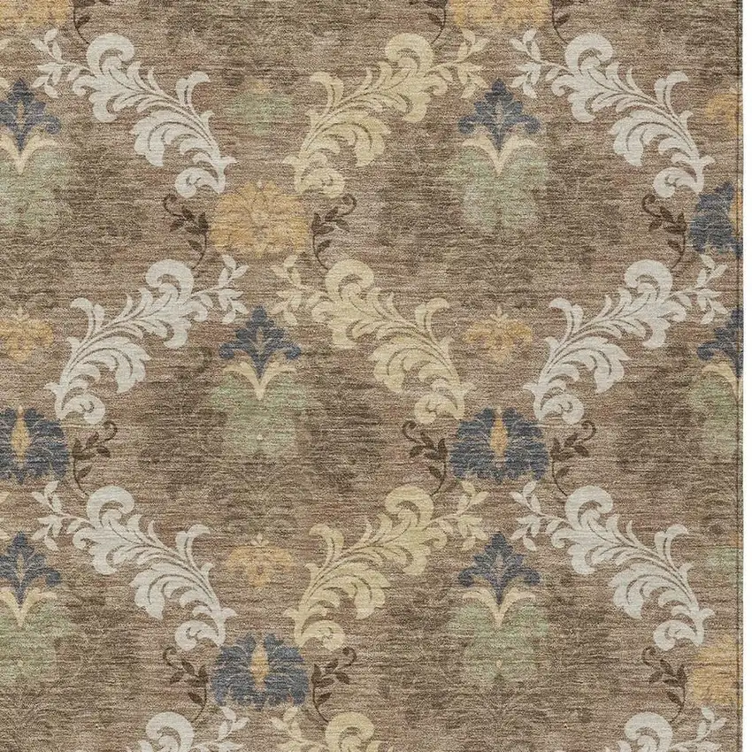 Brown And Taupe Damask Washable Indoor Outdoor Area Rug Photo 2