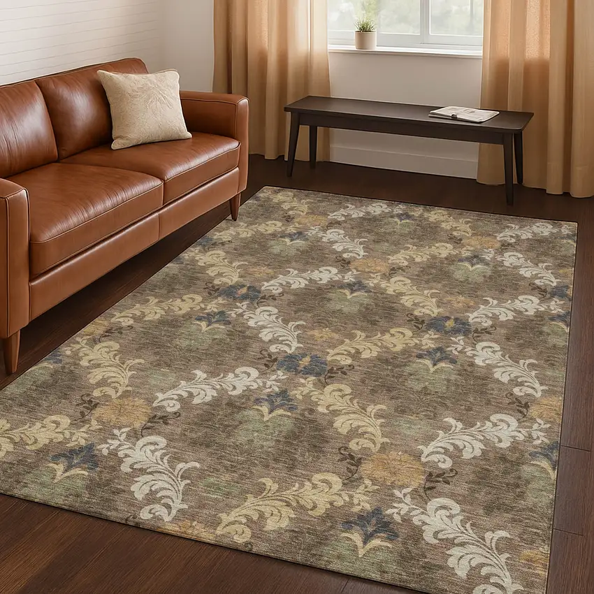 Brown And Taupe Damask Washable Indoor Outdoor Area Rug Photo 5