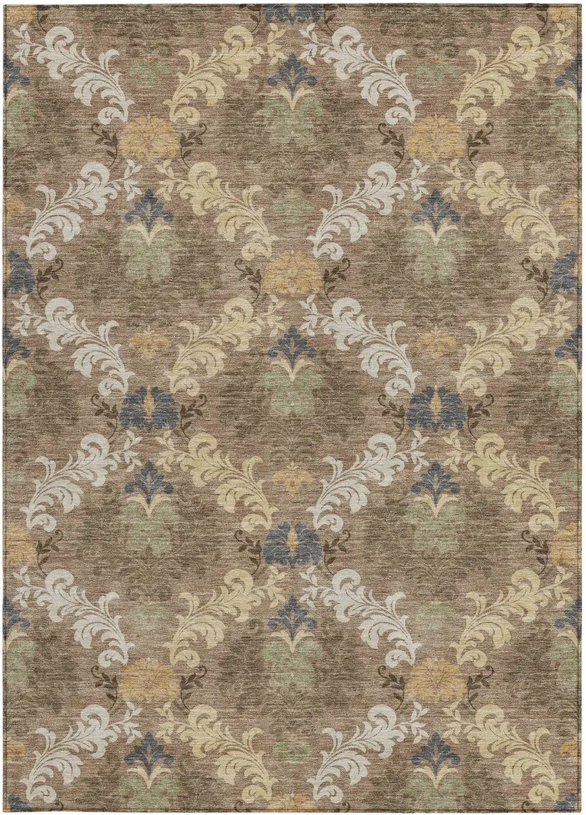 Brown And Taupe Damask Washable Indoor Outdoor Area Rug Photo 3