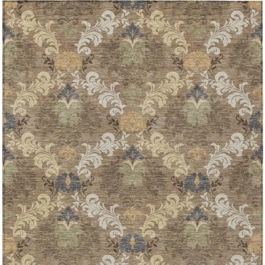 Brown And Taupe Damask Washable Indoor Outdoor Area Rug Photo 2