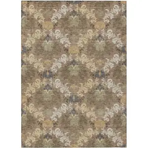 Photo of Brown And Taupe Damask Washable Indoor Outdoor Area Rug