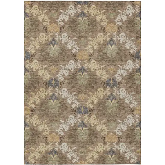 Brown And Taupe Damask Washable Indoor Outdoor Area Rug Photo 1