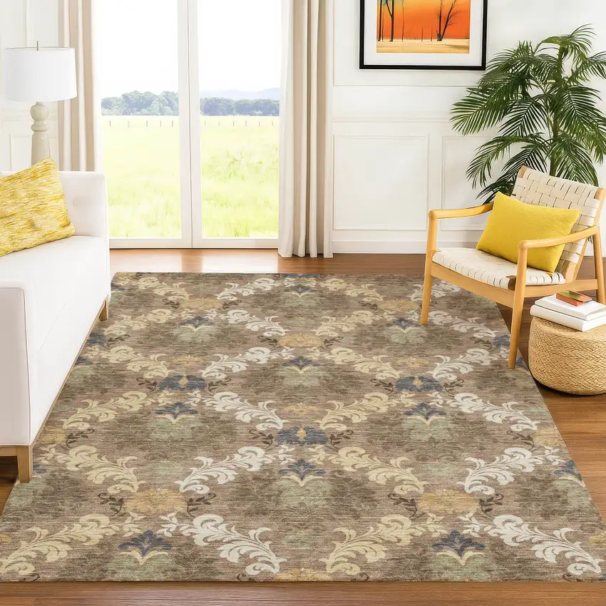Brown And Taupe Damask Washable Indoor Outdoor Area Rug Photo 6