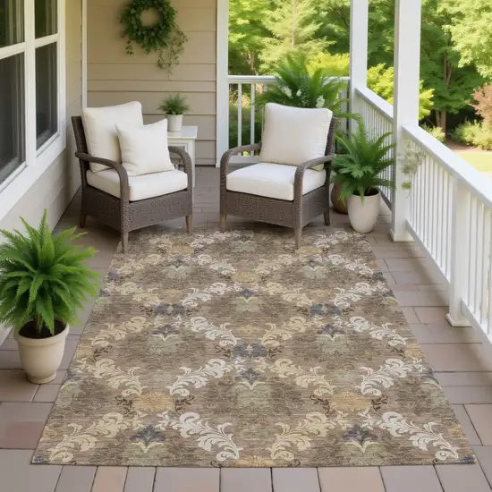 Brown And Taupe Damask Washable Indoor Outdoor Area Rug Photo 7