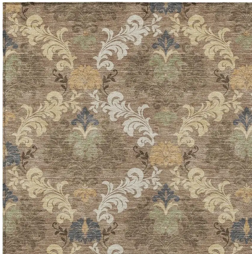 Brown And Taupe Damask Washable Indoor Outdoor Area Rug Photo 2