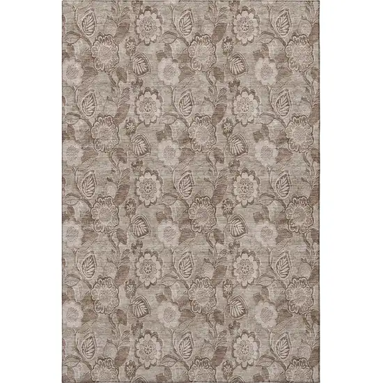 Brown And Taupe Floral Washable Area Rug With UV Protection Photo 4
