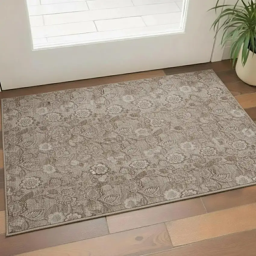 Brown And Taupe Floral Washable Area Rug With UV Protection Photo 2