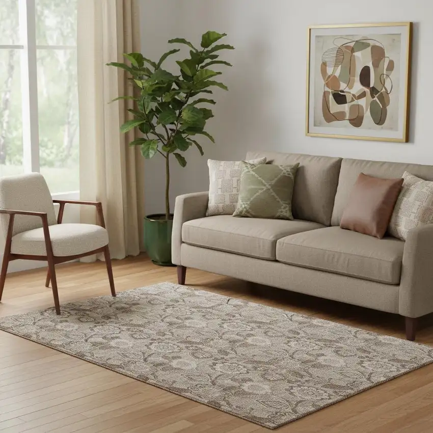 Brown And Taupe Floral Washable Area Rug With UV Protection Photo 2