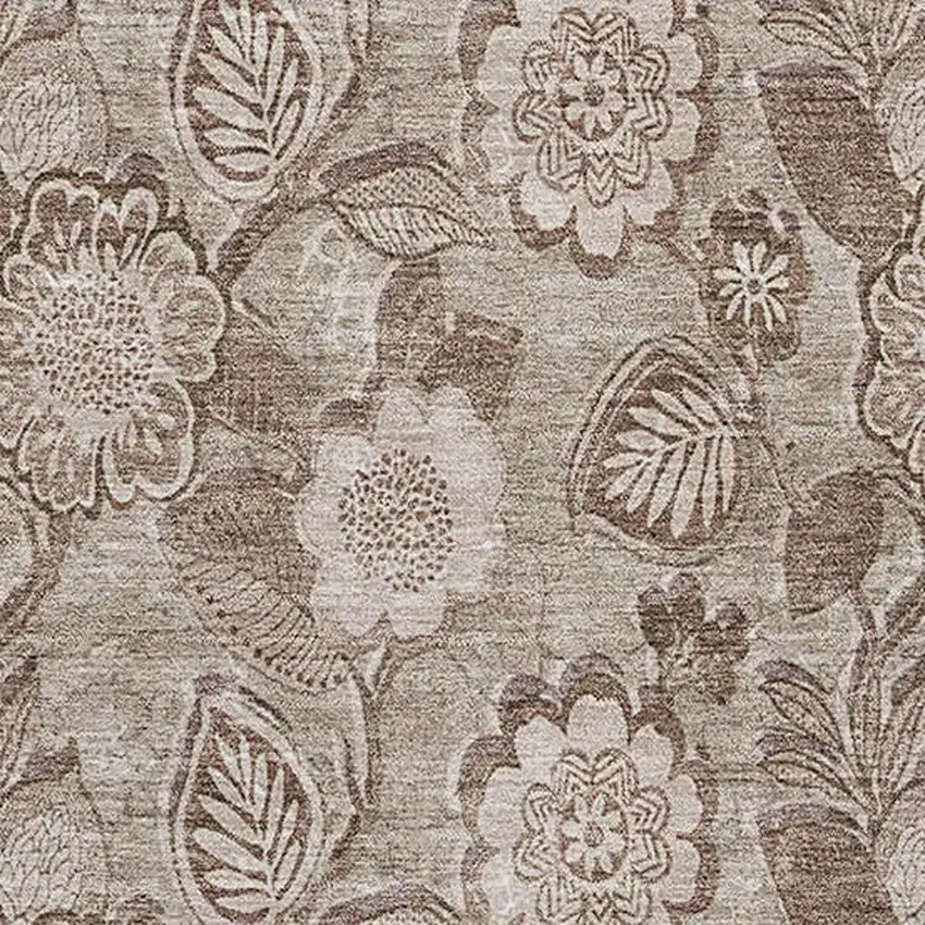 Brown And Taupe Floral Washable Area Rug With UV Protection Photo 3