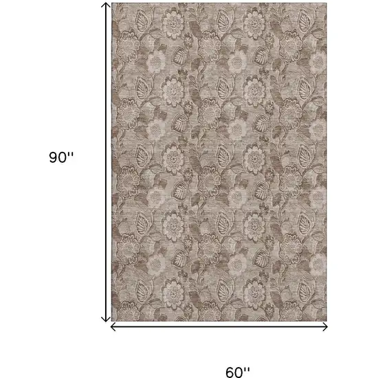Brown And Taupe Floral Washable Area Rug With UV Protection Photo 9
