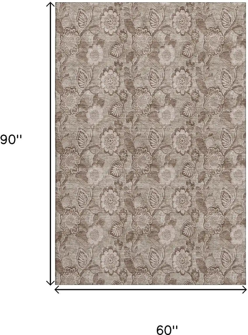 Brown And Taupe Floral Washable Area Rug With UV Protection Photo 9