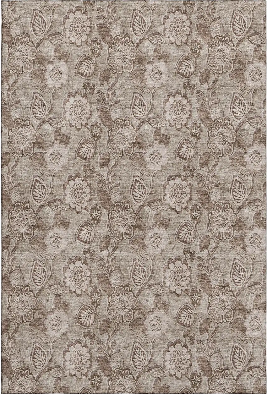 Brown And Taupe Floral Washable Area Rug With UV Protection Photo 1