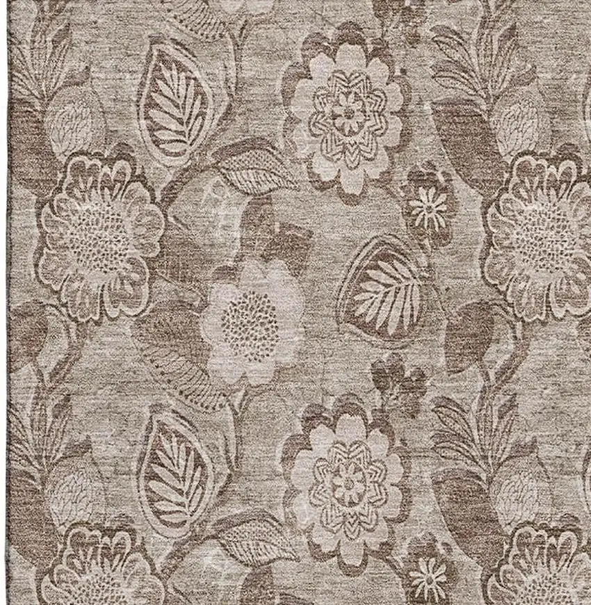 Brown And Taupe Floral Washable Area Rug With UV Protection Photo 4