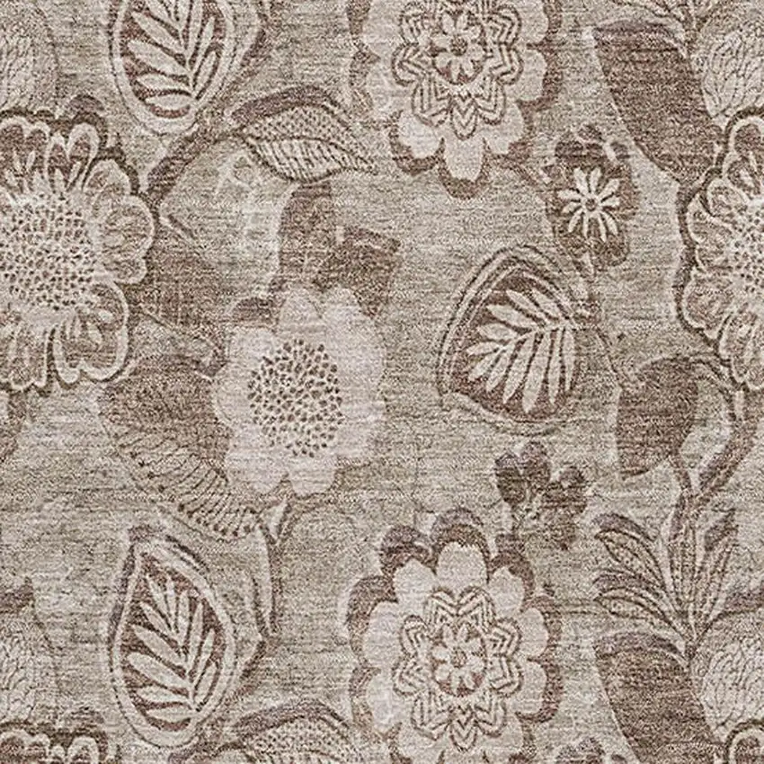 Brown And Taupe Floral Washable Area Rug With UV Protection Photo 3