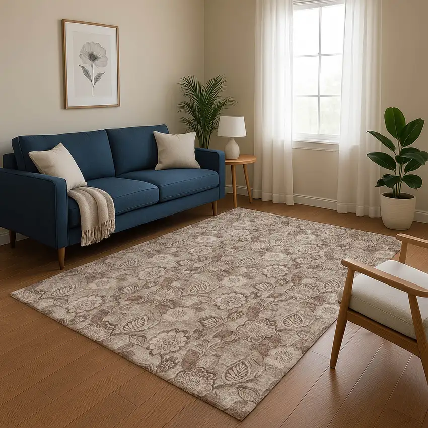 Brown And Taupe Floral Washable Area Rug With UV Protection Photo 5